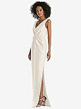 Side View Thumbnail - Ivory Pleated Bodice Satin Maxi Pencil Dress with Bow Detail