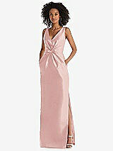 Front View Thumbnail - Rose Pleated Bodice Satin Maxi Pencil Dress with Bow Detail