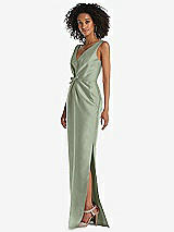 Side View Thumbnail - Sage Pleated Bodice Satin Maxi Pencil Dress with Bow Detail
