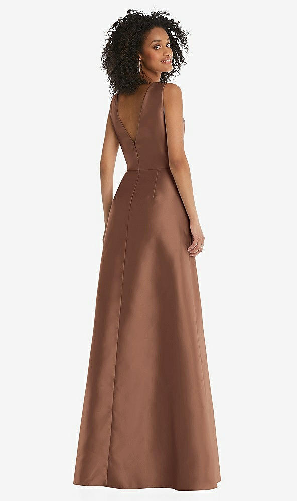 Back View - Cognac Jewel Neck Asymmetrical Shirred Bodice Maxi Dress with Pockets