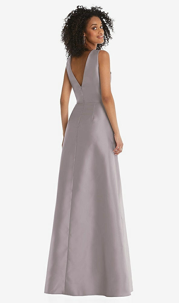 Back View - Cashmere Gray Jewel Neck Asymmetrical Shirred Bodice Maxi Dress with Pockets