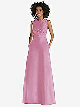 Front View Thumbnail - Powder Pink Jewel Neck Asymmetrical Shirred Bodice Maxi Dress with Pockets