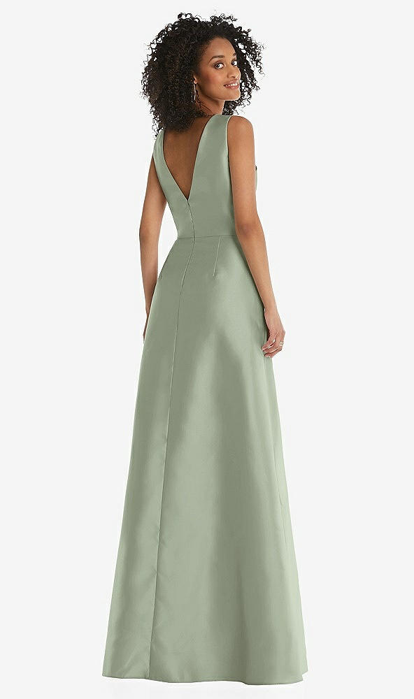 Back View - Sage Jewel Neck Asymmetrical Shirred Bodice Maxi Dress with Pockets