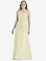Front View Thumbnail - Butter Yellow Pleated Draped One-Shoulder Satin Maxi Dress with Pockets