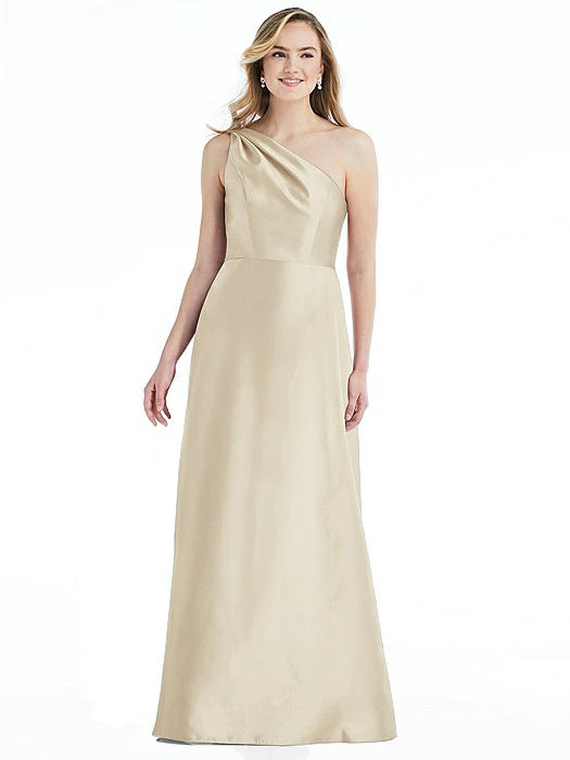 Pleated Draped One-Shoulder Satin Maxi Dress with Pockets