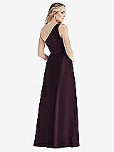 Rear View Thumbnail - Deep Plum Pleated Draped One-Shoulder Satin Maxi Dress with Pockets