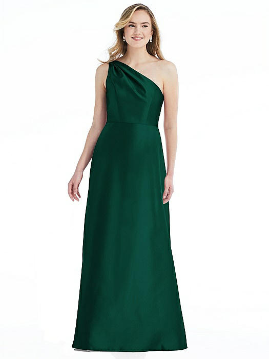 Pleated Draped One-Shoulder Satin Maxi Dress with Pockets