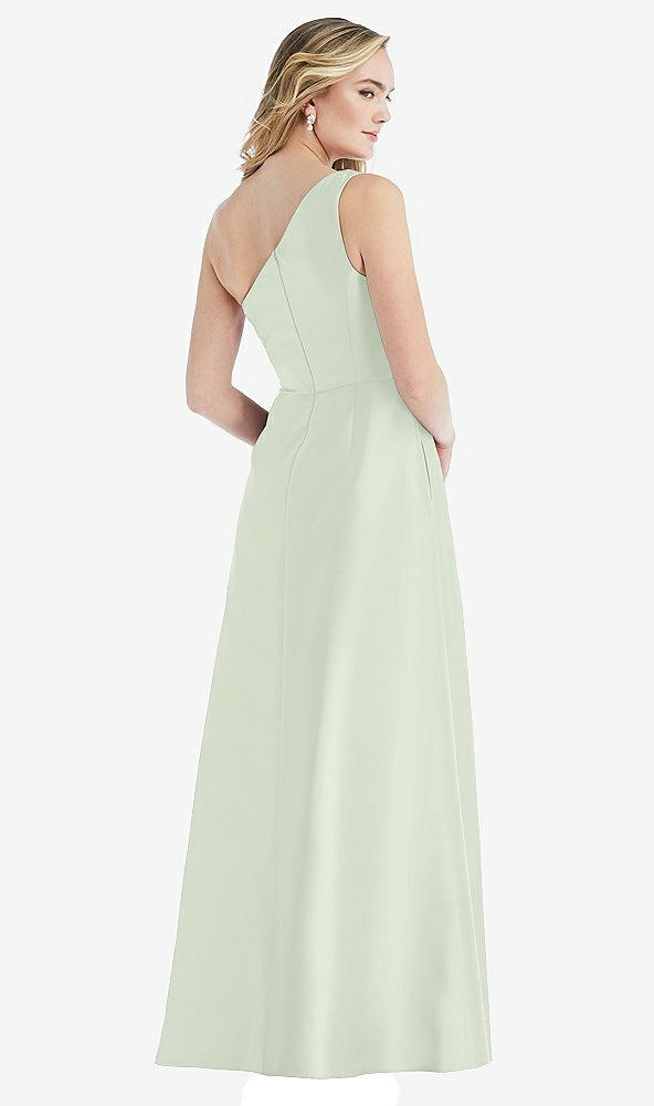 Back View - Mint Green Pleated Draped One-Shoulder Satin Maxi Dress with Pockets