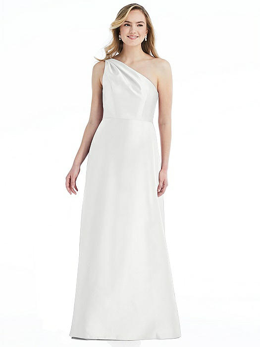 Pleated Draped One-Shoulder Satin Maxi Dress with Pockets