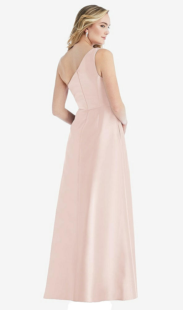 Back View - Blush Pleated Draped One-Shoulder Satin Maxi Dress with Pockets