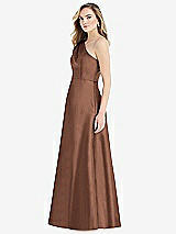 Side View Thumbnail - Cognac Pleated Draped One-Shoulder Satin Maxi Dress with Pockets