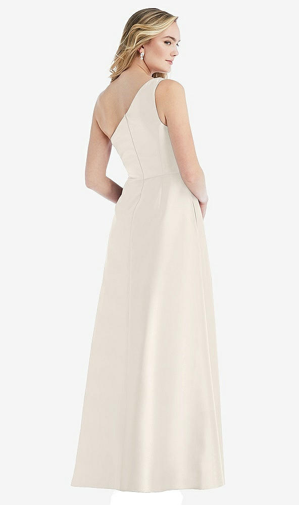 Back View - Ivory Pleated Draped One-Shoulder Satin Maxi Dress with Pockets