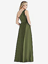 Rear View Thumbnail - Olive Green Pleated Draped One-Shoulder Satin Maxi Dress with Pockets