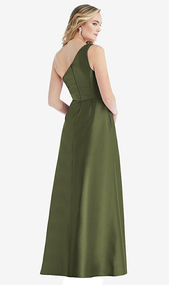Back View - Olive Green Pleated Draped One-Shoulder Satin Maxi Dress with Pockets