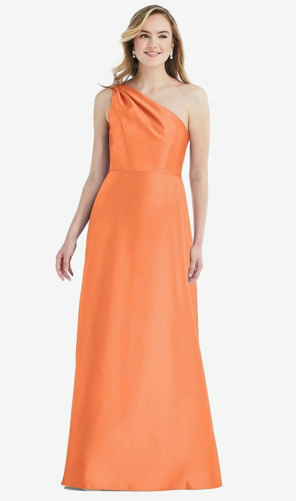 Front View - Portofino Orange Pleated Draped One-Shoulder Satin Maxi Dress with Pockets