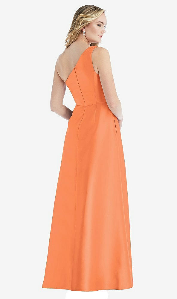 Back View - Portofino Orange Pleated Draped One-Shoulder Satin Maxi Dress with Pockets