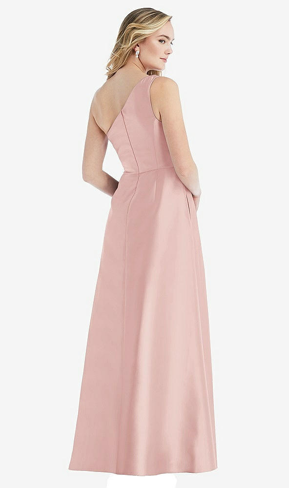 Back View - Rose Pleated Draped One-Shoulder Satin Maxi Dress with Pockets