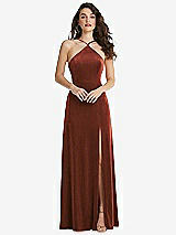Front View Thumbnail - Auburn Moon High Neck Halter Open-Back Velvet Dress - Alix