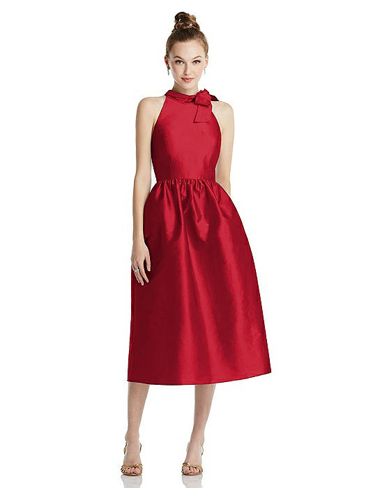 Bowed High-Neck Full Skirt Midi Dress with Pockets