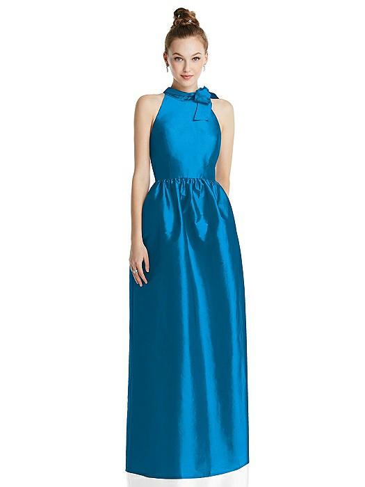 Bowed High-Neck Full Skirt Maxi Dress with Pockets
