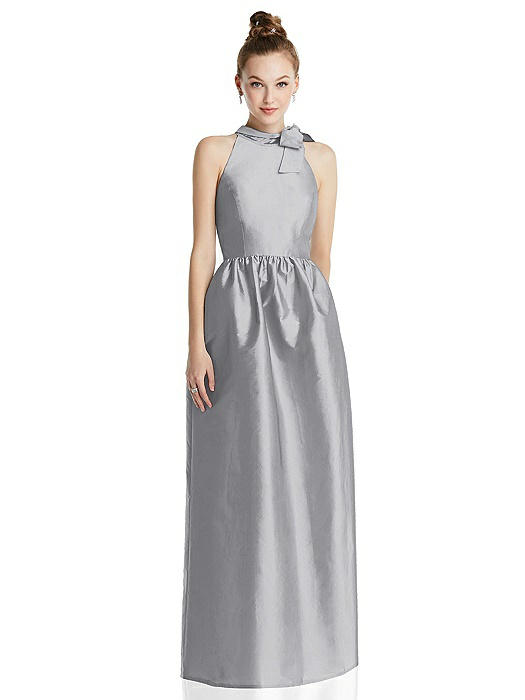 Bowed High-Neck Full Skirt Maxi Dress with Pockets