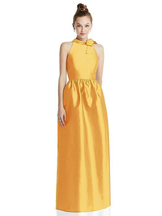 Bowed High-Neck Full Skirt Maxi Dress with Pockets