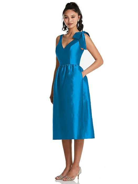 Bowed-Shoulder Full Skirt Midi Dress with Pockets