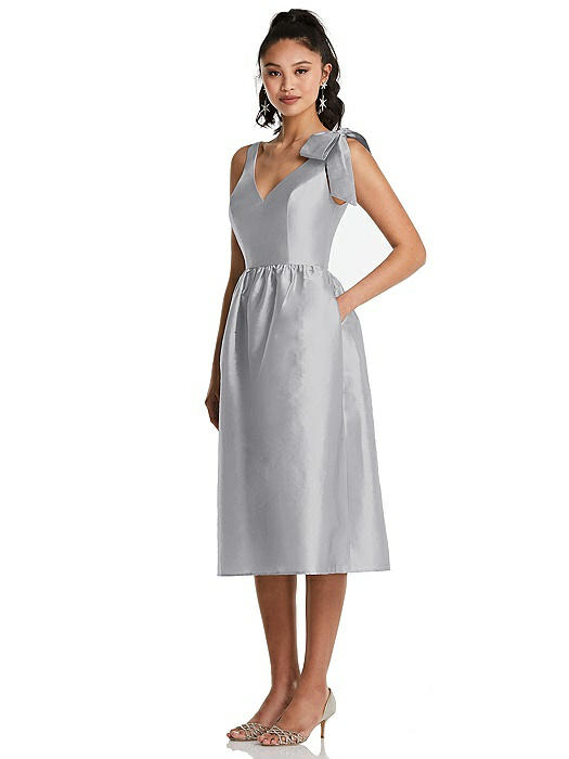 Bowed-Shoulder Full Skirt Midi Dress with Pockets