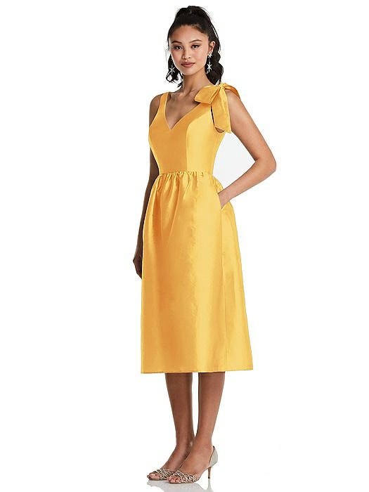 Bowed-Shoulder Full Skirt Midi Dress with Pockets