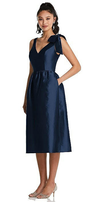 Bowed-Shoulder Full Skirt Midi Dress with Pockets