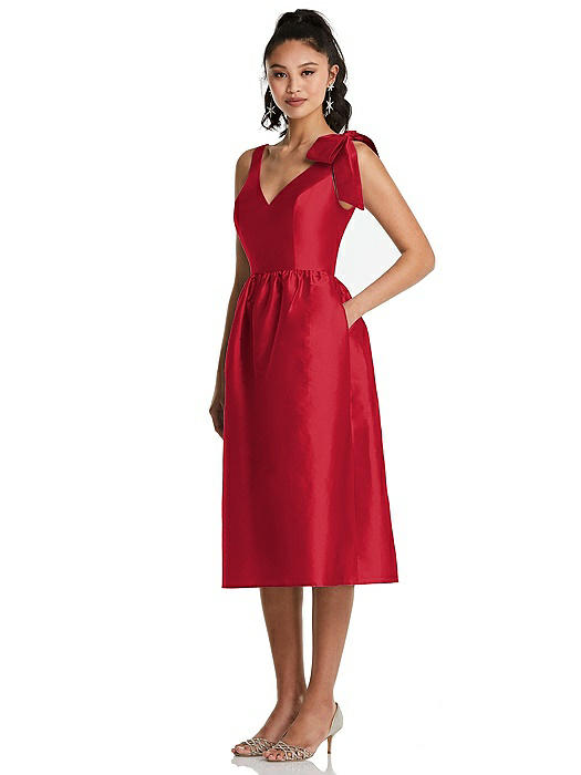 Bowed-Shoulder Full Skirt Midi Dress with Pockets