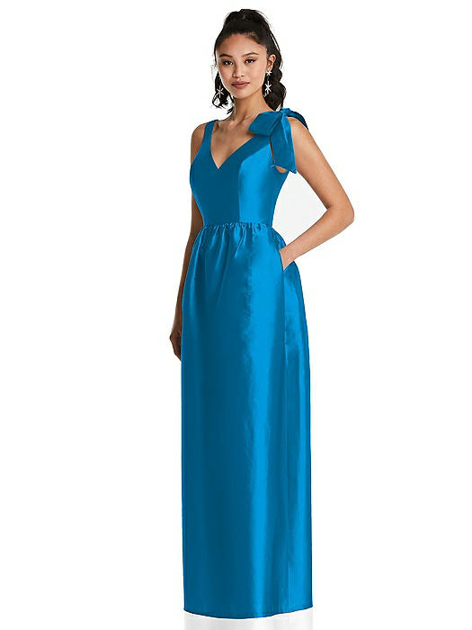 Bowed-Shoulder Full Skirt Maxi Dress with Pockets