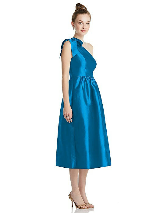 Bowed One-Shoulder Full Skirt Midi Dress with Pockets