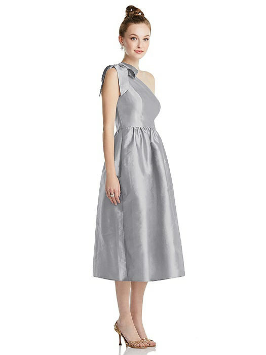 Bowed One-Shoulder Full Skirt Midi Dress with Pockets