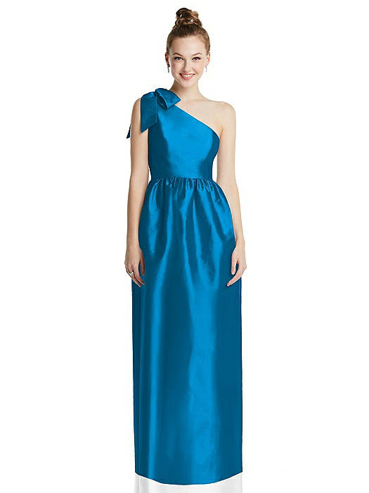 Bowed One-Shoulder Full Skirt Maxi Dress with Pockets