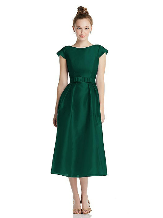 Cap Sleeve Pleated Skirt Midi Dress with Bowed Waist