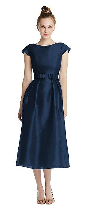 Cap Sleeve Pleated Skirt Midi Dress with Bowed Waist