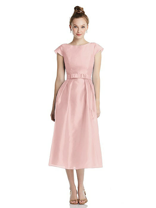 Cap Sleeve Pleated Skirt Midi Dress with Bowed Waist