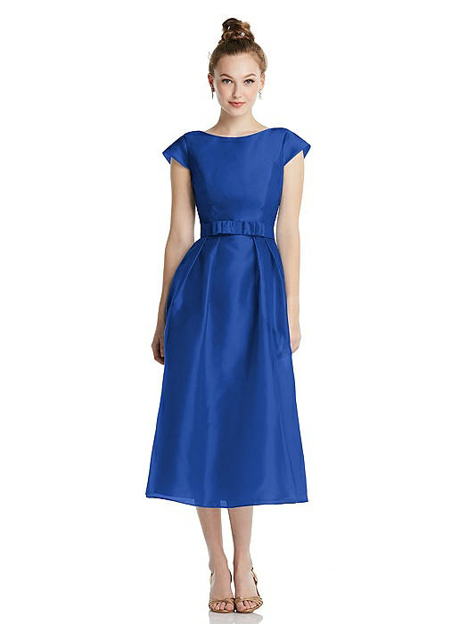 Cap Sleeve Pleated Skirt Midi Dress with Bowed Waist