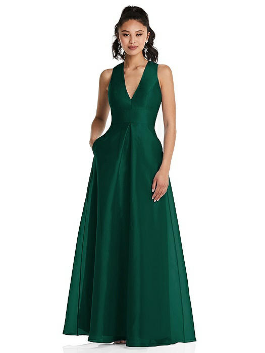 Plunging Neckline Pleated Skirt Maxi Dress with Pockets
