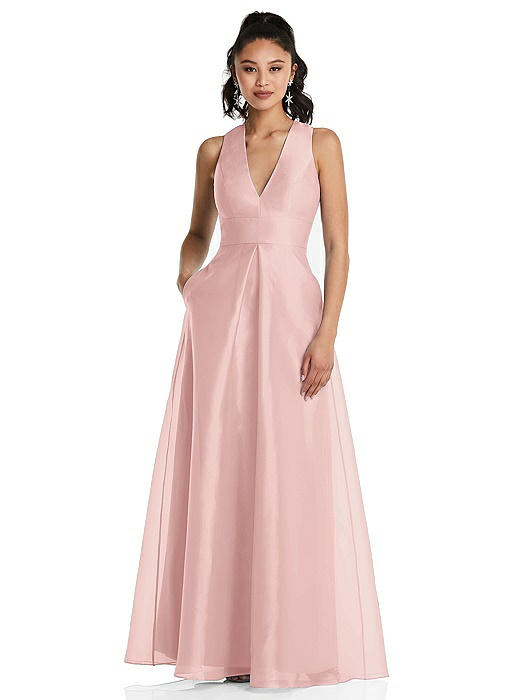 Plunging Neckline Pleated Skirt Maxi Dress with Pockets
