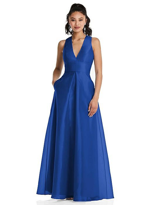 Plunging Neckline Pleated Skirt Maxi Dress with Pockets