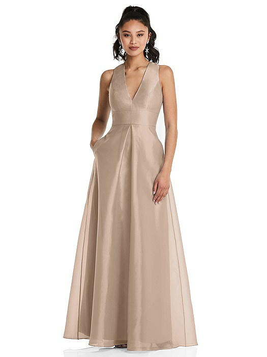 Plunging Neckline Pleated Skirt Maxi Dress with Pockets