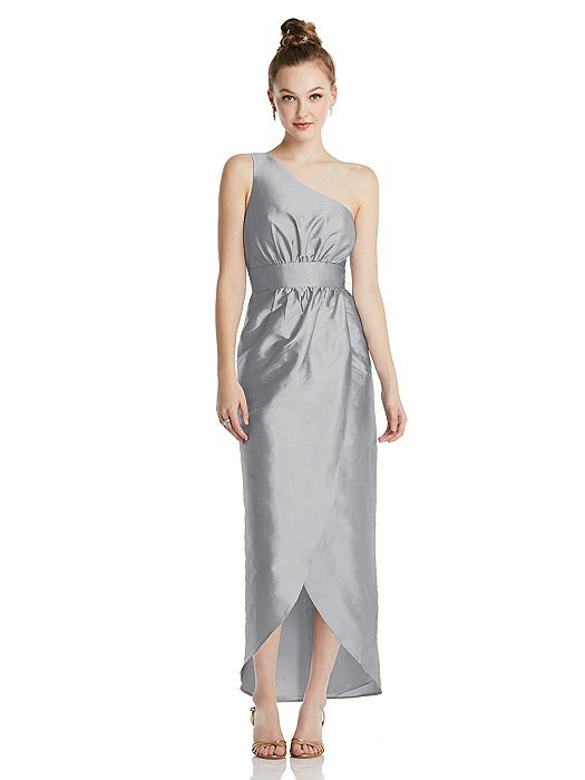 One-Shoulder Shirred Tulip Skirt Midi Dress