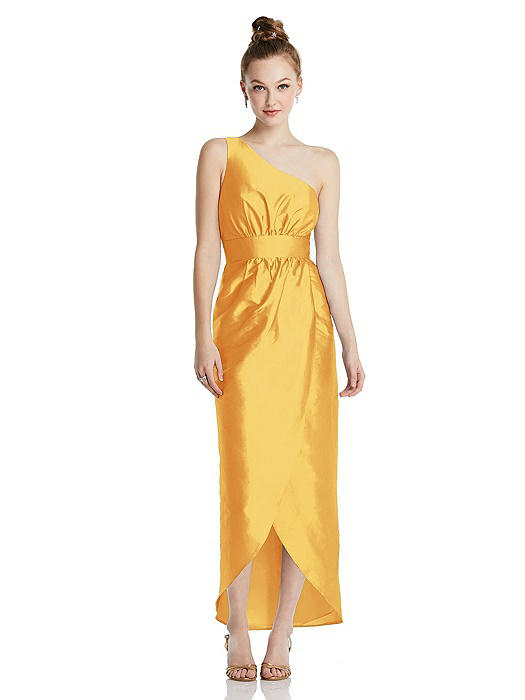 One-Shoulder Shirred Tulip Skirt Midi Dress