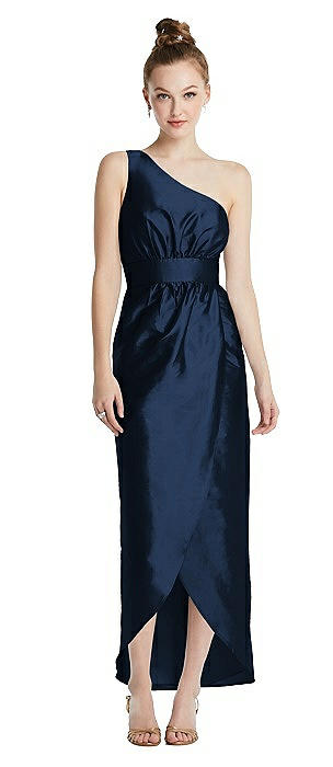 One-Shoulder Shirred Tulip Skirt Midi Dress