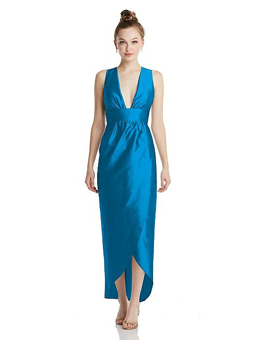 Plunging Neckline Shirred Tulip Skirt Midi Dress