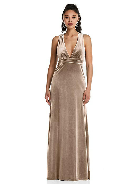 Plunging Neckline Velvet Maxi Dress with Criss Cross Open-Back