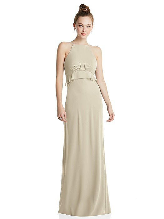 Bias Ruffle Empire Waist Halter Maxi Dress with Adjustable Straps