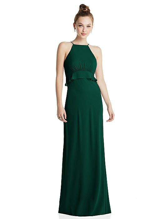 Bias Ruffle Empire Waist Halter Maxi Dress with Adjustable Straps